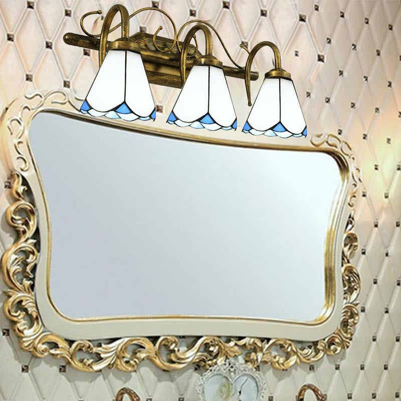 2/3 Lights Conical Wall Mount Light with White Glass Shade Vintage Double Vanity Light for Bathroom Clearhalo 'Industrial' 'Middle century wall lights' 'Tiffany wall lights' 'Tiffany' 'Wall Lamps & Sconces' 'Wall Lights' Lighting' 178176