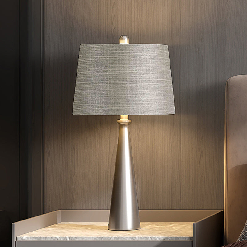 1 Bulb Bedroom Night Table Lighting Simple Silver Nightstand Lamp with Tapered Drum Fabric Shade Clearhalo 'Lamps' 'Table Lamps' Lighting' 1781787