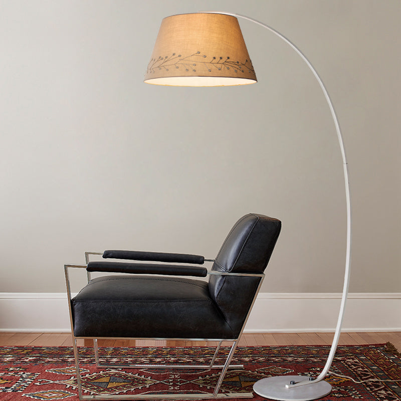 Drum Reading Floor Lighting Simple Fabric 1 Bulb Beige Standing Lamp with Arched Arm for Living Room Beige Clearhalo 'Floor Lamps' 'Lamps' Lighting' 1781832