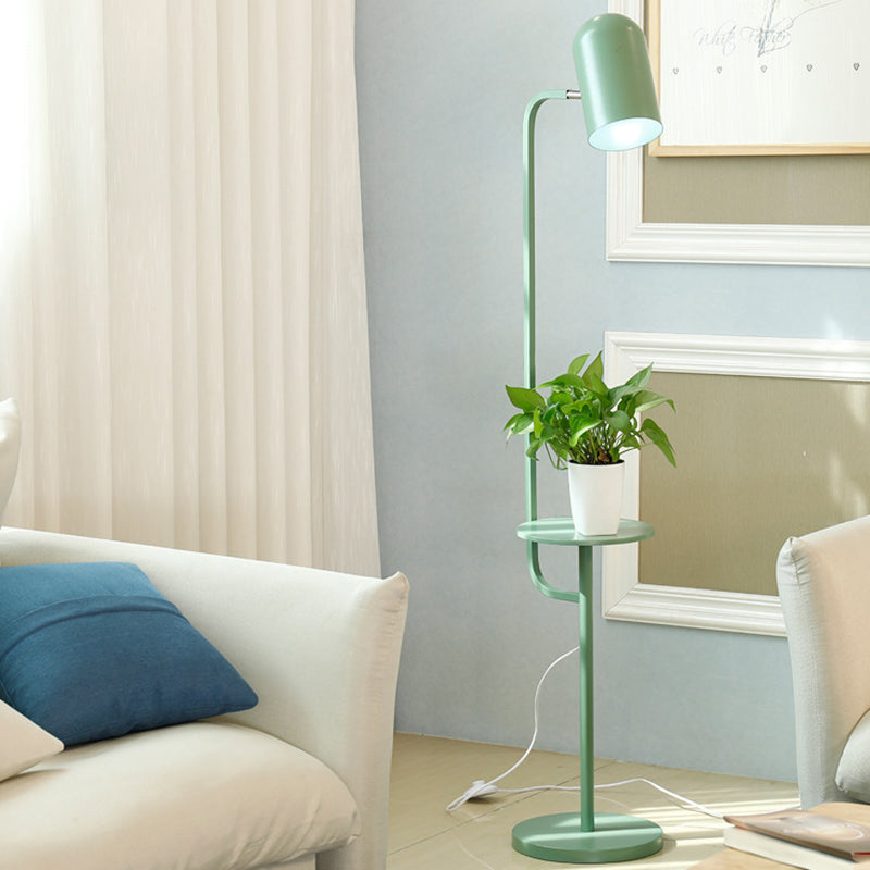 1 Bulb Metal Floor Light Warehouse Pink/Yellow/Green Bell Shaped Living Room Floor Reading Lamp with Wood Shelf Deco Green Clearhalo 'Floor Lamps' 'Lamps' Lighting' 1781844