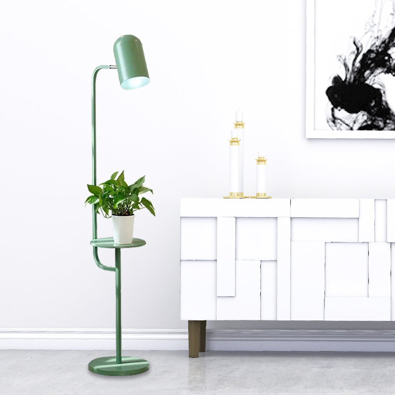 1 Bulb Metal Floor Light Warehouse Pink/Yellow/Green Bell Shaped Living Room Floor Reading Lamp with Wood Shelf Deco Clearhalo 'Floor Lamps' 'Lamps' Lighting' 1781846