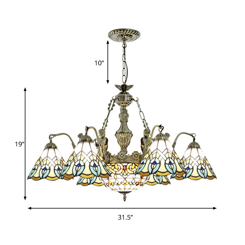 9 Lights Peacock Pendant Lighting Tiffany Style White Stained Glass Chandelier Lamp Clearhalo 'Ceiling Lights' 'Chandeliers' 'Industrial' 'Middle Century Chandeliers' 'Pendant Lights' 'Tiffany Chandeliers' 'Tiffany close to ceiling' 'Tiffany' Lighting' 178185