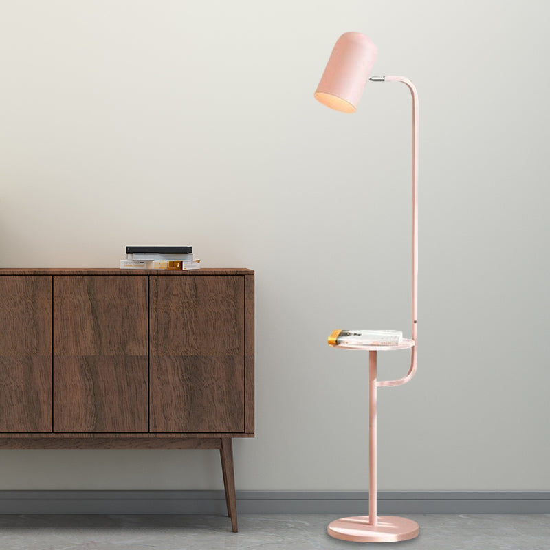 1 Bulb Metal Floor Light Warehouse Pink/Yellow/Green Bell Shaped Living Room Floor Reading Lamp with Wood Shelf Deco Clearhalo 'Floor Lamps' 'Lamps' Lighting' 1781850
