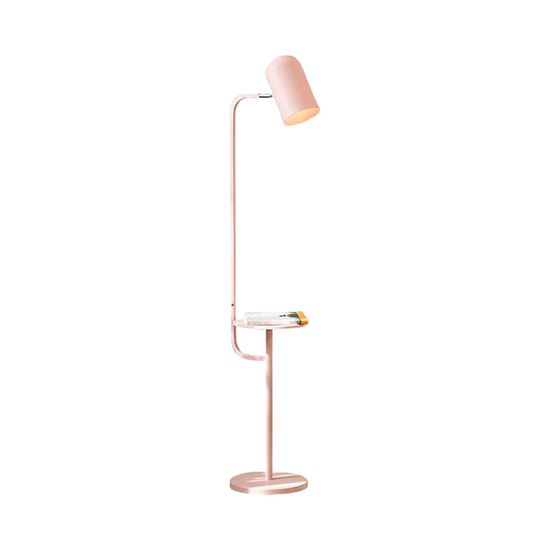 1 Bulb Metal Floor Light Warehouse Pink/Yellow/Green Bell Shaped Living Room Floor Reading Lamp with Wood Shelf Deco Clearhalo 'Floor Lamps' 'Lamps' Lighting' 1781851
