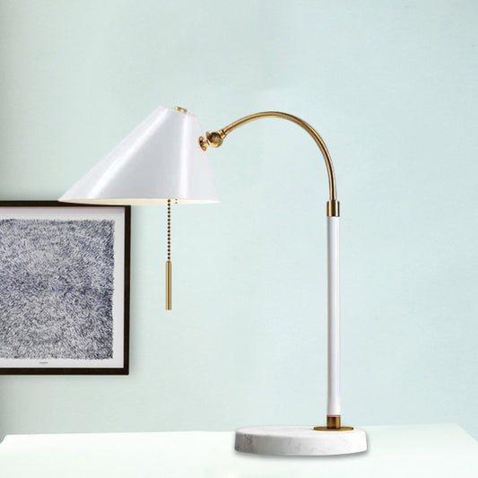 Minimal 1 Bulb Night Table Light Black/White Conic Pull Chain Nightstand Lamp with Metal Shade White Clearhalo 'Lamps' 'Table Lamps' Lighting' 1781856