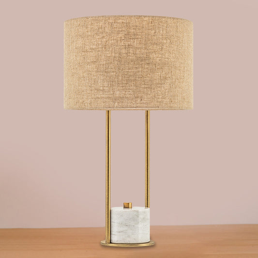 Cylinder Nightstand Lighting Modern Fabric 1 Head Bedroom Night Lamp in White/Beige with Marble Base Clearhalo 'Lamps' 'Table Lamps' Lighting' 1781867