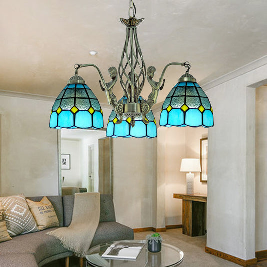 Dome Hand Cut Glass Chandelier Lighting Tiffany 3 Lights Blue Ceiling Lamp Blue Clearhalo 'Ceiling Lights' 'Chandeliers' 'Industrial' 'Middle Century Chandeliers' 'Tiffany Chandeliers' 'Tiffany close to ceiling' 'Tiffany' Lighting' 178187
