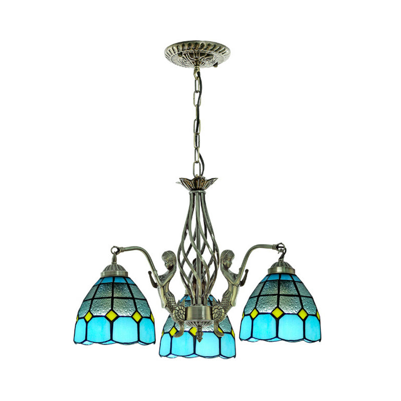 Dome Hand Cut Glass Chandelier Lighting Tiffany 3 Lights Blue Ceiling Lamp Clearhalo 'Ceiling Lights' 'Chandeliers' 'Industrial' 'Middle Century Chandeliers' 'Tiffany Chandeliers' 'Tiffany close to ceiling' 'Tiffany' Lighting' 178189