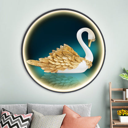 LED Parlor Swan Wall Mounted Light Asian Green Wall Mural Sconce with Round Metal Shade, Left/Right Green Left Clearhalo 'Wall Lamps & Sconces' 'Wall Lights' Lighting' 1781890