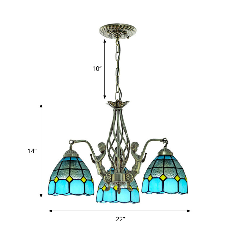 Dome Hand Cut Glass Chandelier Lighting Tiffany 3 Lights Blue Ceiling Lamp Clearhalo 'Ceiling Lights' 'Chandeliers' 'Industrial' 'Middle Century Chandeliers' 'Tiffany Chandeliers' 'Tiffany close to ceiling' 'Tiffany' Lighting' 178190