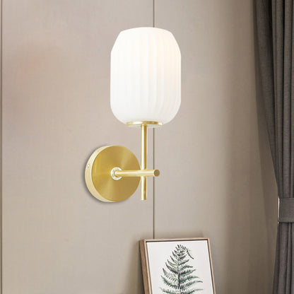 1 Light Bedside Wall Light Fixture Simple Gold Wall Sconce with Lantern Cream Glass Shade Gold Clearhalo 'Cast Iron' 'Glass' 'Industrial' 'Modern wall lights' 'Modern' 'Tiffany' 'Traditional wall lights' 'Wall Lamps & Sconces' 'Wall Lights' Lighting' 1781908