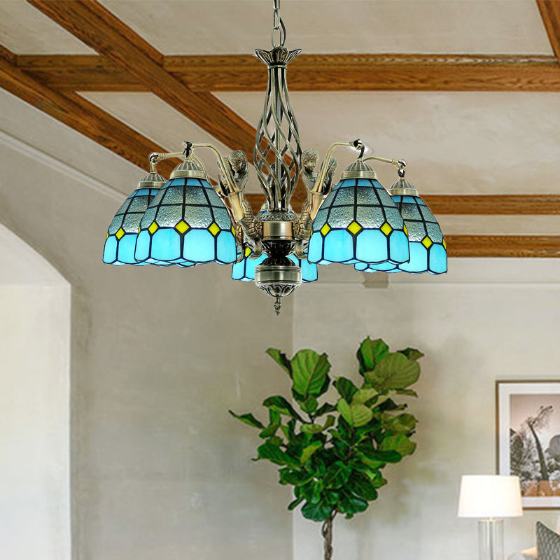 Dome Stained Glass Chandelier Lamp Tiffany Style 5 Lights Blue Pendant Lighting Blue Clearhalo 'Ceiling Lights' 'Chandeliers' 'Industrial' 'Middle Century Chandeliers' 'Tiffany Chandeliers' 'Tiffany close to ceiling' 'Tiffany' Lighting' 178192