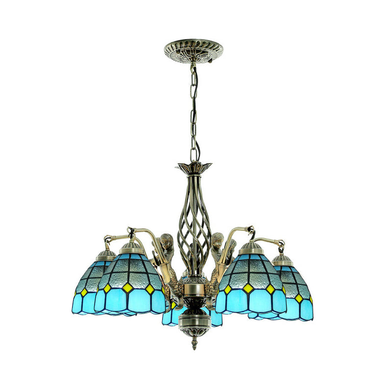 Dome Stained Glass Chandelier Lamp Tiffany Style 5 Lights Blue Pendant Lighting Clearhalo 'Ceiling Lights' 'Chandeliers' 'Industrial' 'Middle Century Chandeliers' 'Tiffany Chandeliers' 'Tiffany close to ceiling' 'Tiffany' Lighting' 178194