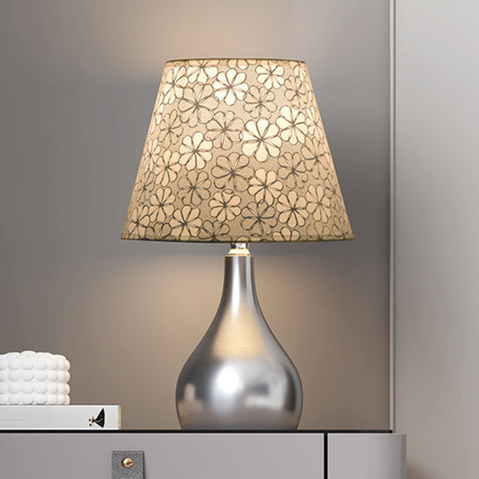 Conic Table Light Modern Fabric 1 Light Grey Floral Patterned Night Lamp with Gourd Silver Metal Base Silver Clearhalo 'Lamps' 'Table Lamps' Lighting' 1781944