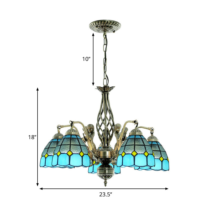 Dome Stained Glass Chandelier Lamp Tiffany Style 5 Lights Blue Pendant Lighting Clearhalo 'Ceiling Lights' 'Chandeliers' 'Industrial' 'Middle Century Chandeliers' 'Tiffany Chandeliers' 'Tiffany close to ceiling' 'Tiffany' Lighting' 178195