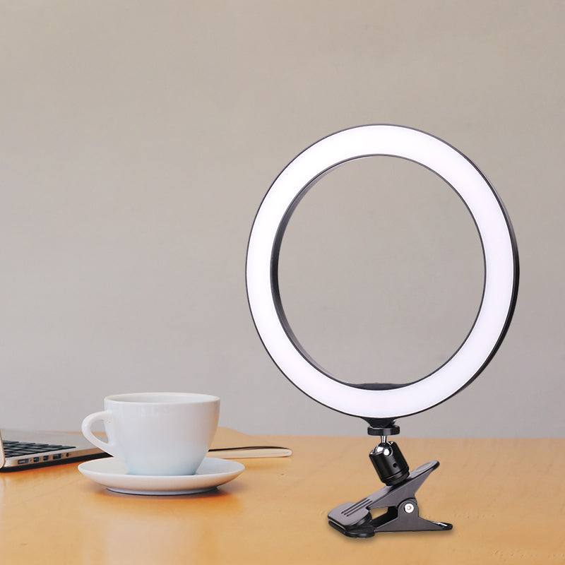 Contemporary Circle Clip on Vanity Light Metal Mobile Phone Holder Portable LED Fill Lamp in Black, 6"/8" Dia Clearhalo 'Cast Iron' 'Glass' 'Industrial' 'Modern wall lights' 'Modern' 'Tiffany' 'Traditional wall lights' 'Vanity Lights' 'Wall Lights' Lighting' 1781974