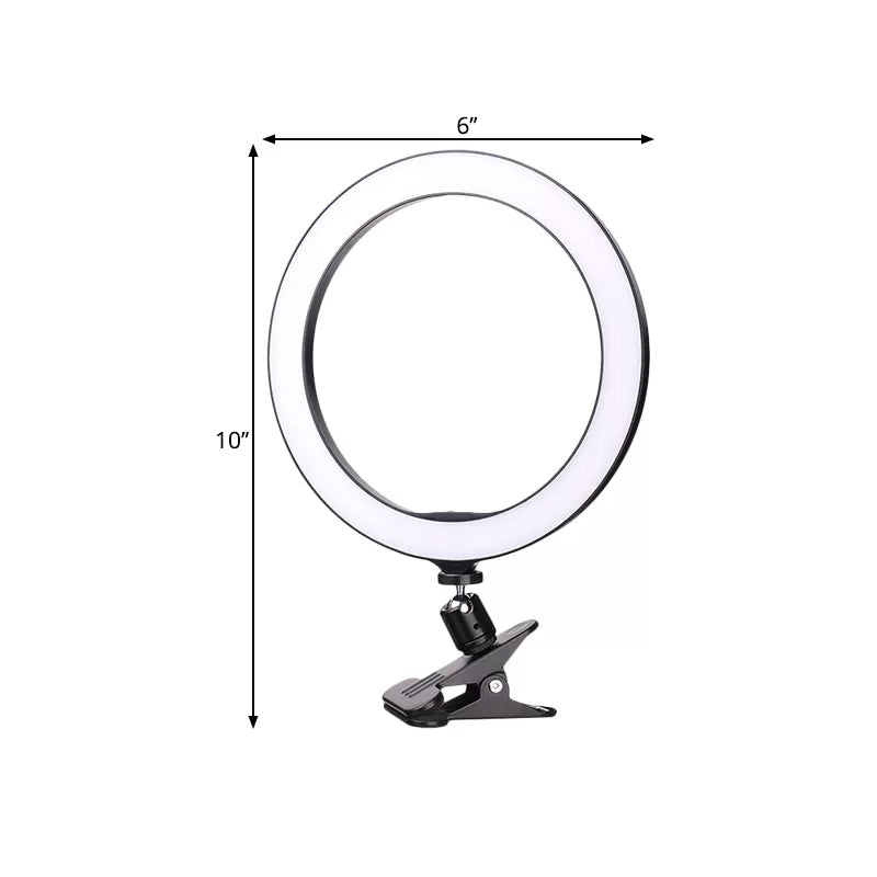Contemporary Circle Clip on Vanity Light Metal Mobile Phone Holder Portable LED Fill Lamp in Black, 6"/8" Dia Clearhalo 'Cast Iron' 'Glass' 'Industrial' 'Modern wall lights' 'Modern' 'Tiffany' 'Traditional wall lights' 'Vanity Lights' 'Wall Lights' Lighting' 1781976