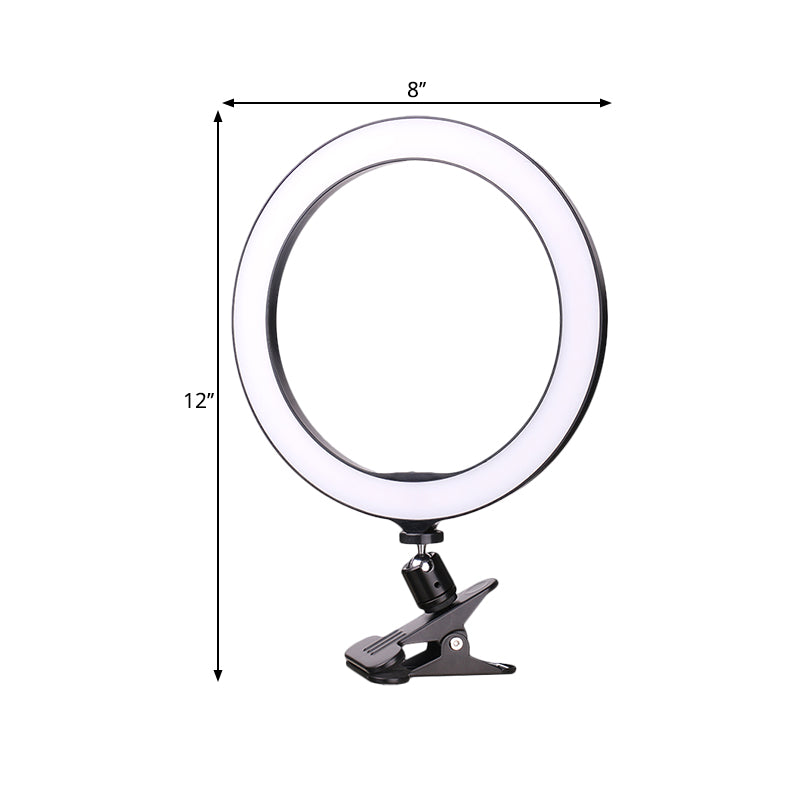 Contemporary Circle Clip on Vanity Light Metal Mobile Phone Holder Portable LED Fill Lamp in Black, 6"/8" Dia Clearhalo 'Cast Iron' 'Glass' 'Industrial' 'Modern wall lights' 'Modern' 'Tiffany' 'Traditional wall lights' 'Vanity Lights' 'Wall Lights' Lighting' 1781977