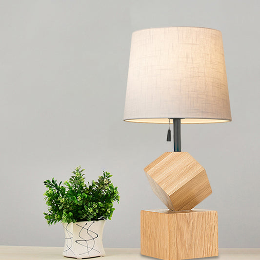 Beige/Brown Barrel Nightstand Lamp Simple 1 Head Fabric Night Table Light with Wood Cubic Base Beige Clearhalo 'Lamps' 'Table Lamps' Lighting' 1781987
