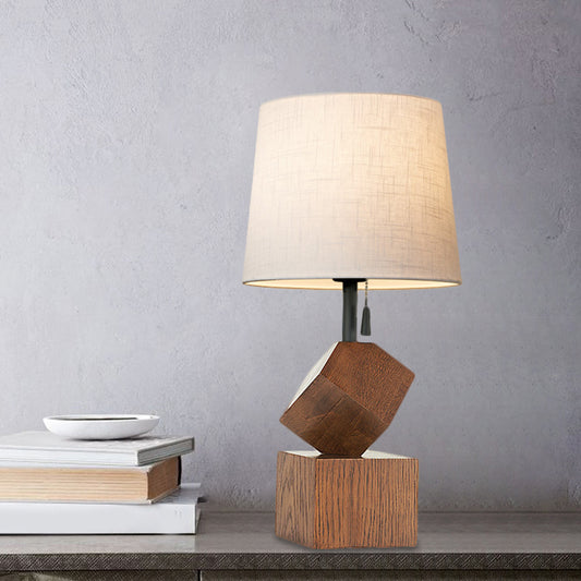 Beige/Brown Barrel Nightstand Lamp Simple 1 Head Fabric Night Table Light with Wood Cubic Base Brown Clearhalo 'Lamps' 'Table Lamps' Lighting' 1781991