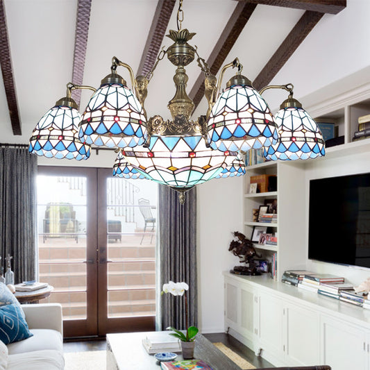 Domed Cut Glass Chandelier Lighting Tiffany 7/9 Lights Blue Ceiling Lamp with Mermaid Decoration 7 Blue Clearhalo 'Ceiling Lights' 'Chandeliers' 'Industrial' 'Middle Century Chandeliers' 'Tiffany Chandeliers' 'Tiffany close to ceiling' 'Tiffany' Lighting' 178202