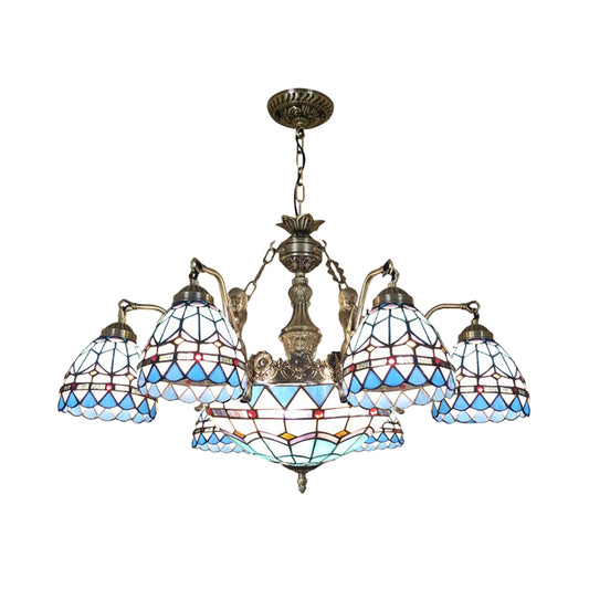 Domed Cut Glass Chandelier Lighting Tiffany 7/9 Lights Blue Ceiling Lamp with Mermaid Decoration Clearhalo 'Ceiling Lights' 'Chandeliers' 'Industrial' 'Middle Century Chandeliers' 'Tiffany Chandeliers' 'Tiffany close to ceiling' 'Tiffany' Lighting' 178204