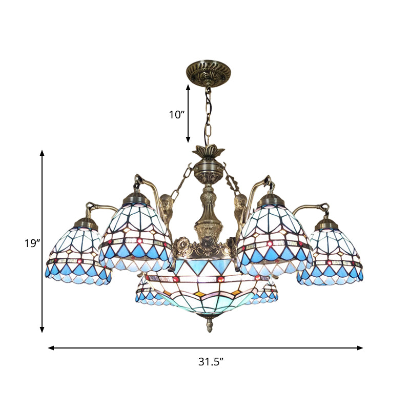 Domed Cut Glass Chandelier Lighting Tiffany 7/9 Lights Blue Ceiling Lamp with Mermaid Decoration Clearhalo 'Ceiling Lights' 'Chandeliers' 'Industrial' 'Middle Century Chandeliers' 'Tiffany Chandeliers' 'Tiffany close to ceiling' 'Tiffany' Lighting' 178205