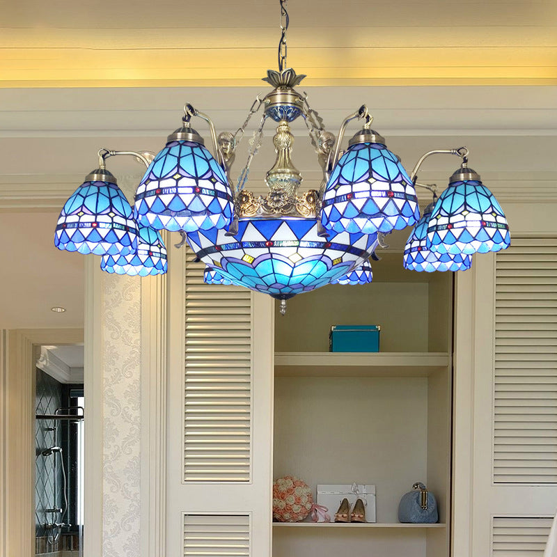 Domed Cut Glass Chandelier Lighting Tiffany 7/9 Lights Blue Ceiling Lamp with Mermaid Decoration 9 Blue Clearhalo 'Ceiling Lights' 'Chandeliers' 'Industrial' 'Middle Century Chandeliers' 'Tiffany Chandeliers' 'Tiffany close to ceiling' 'Tiffany' Lighting' 178206