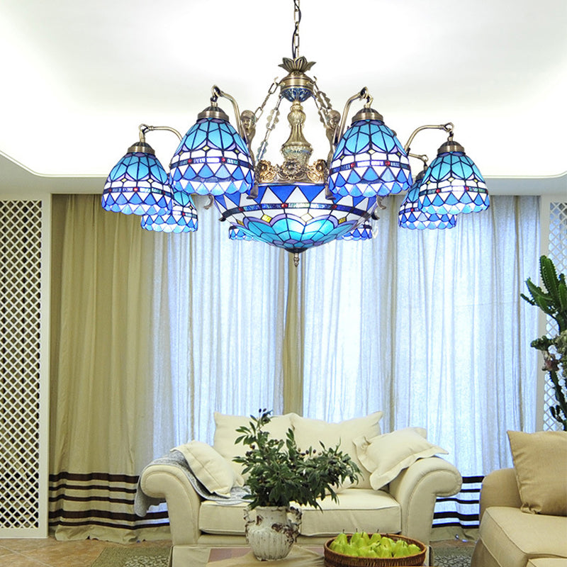 Domed Cut Glass Chandelier Lighting Tiffany 7/9 Lights Blue Ceiling Lamp with Mermaid Decoration Clearhalo 'Ceiling Lights' 'Chandeliers' 'Industrial' 'Middle Century Chandeliers' 'Tiffany Chandeliers' 'Tiffany close to ceiling' 'Tiffany' Lighting' 178207