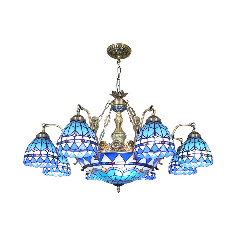 Domed Cut Glass Chandelier Lighting Tiffany 7/9 Lights Blue Ceiling Lamp with Mermaid Decoration Clearhalo 'Ceiling Lights' 'Chandeliers' 'Industrial' 'Middle Century Chandeliers' 'Tiffany Chandeliers' 'Tiffany close to ceiling' 'Tiffany' Lighting' 178208