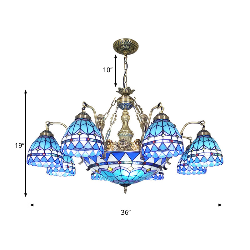 Domed Cut Glass Chandelier Lighting Tiffany 7/9 Lights Blue Ceiling Lamp with Mermaid Decoration Clearhalo 'Ceiling Lights' 'Chandeliers' 'Industrial' 'Middle Century Chandeliers' 'Tiffany Chandeliers' 'Tiffany close to ceiling' 'Tiffany' Lighting' 178209