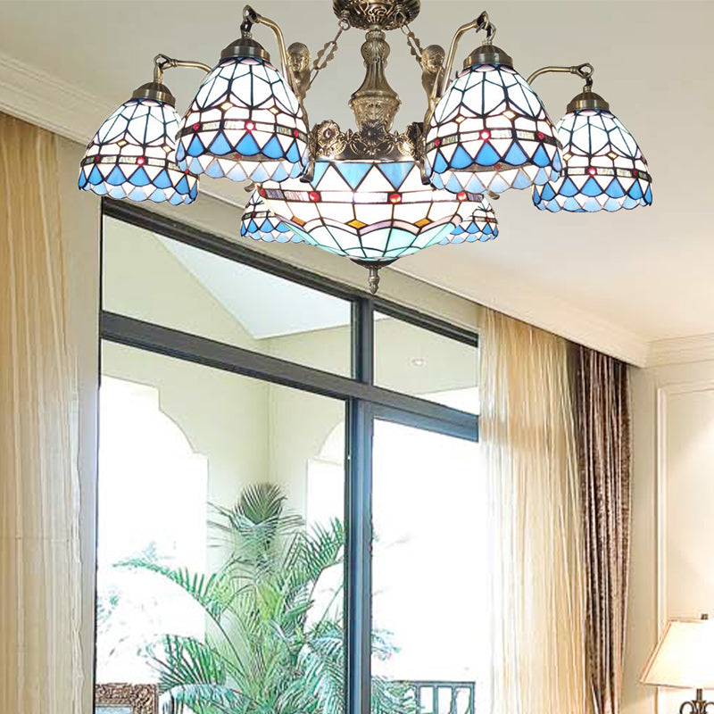 Cone Ceiling Chandelier 7/9 Lights Stained Glass Tiffany Pendant Lamp in Blue Clearhalo 'Ceiling Lights' 'Chandeliers' 'Industrial' 'Middle Century Chandeliers' 'Tiffany Chandeliers' 'Tiffany close to ceiling' 'Tiffany' Lighting' 178212