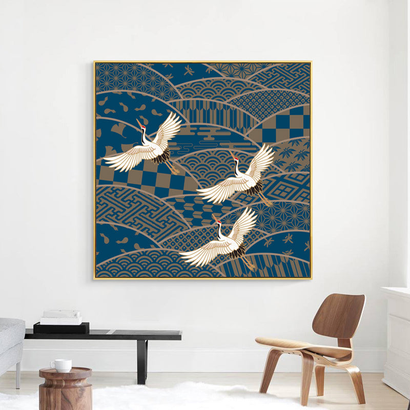 Chinese Red-Crowned Crane Canvas Print Dark Color Sitting Room Wall Art, Textured - Blue - Clearhalo - 'Arts' - 'Canvas Art' - 1782121