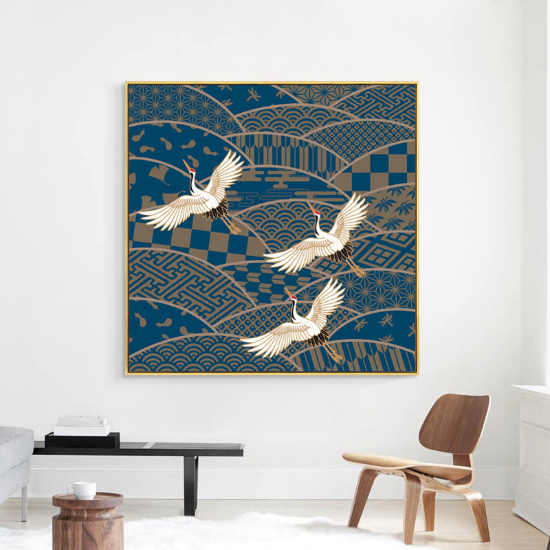 Chinese Red-Crowned Crane Canvas Print Dark Color Sitting Room Wall Art, Textured Blue Clearhalo 'Arts' 'Canvas Art' 1782121