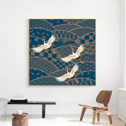 Chinese Red-Crowned Crane Canvas Print Dark Color Sitting Room Wall Art, Textured Blue Clearhalo 'Arts' 'Canvas Art' 1782121