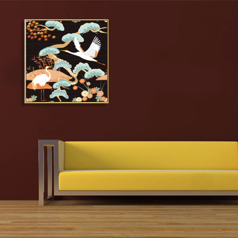 Chinese Red-Crowned Crane Canvas Print Dark Color Sitting Room Wall Art, Textured Black Clearhalo 'Arts' 'Canvas Art' 1782128