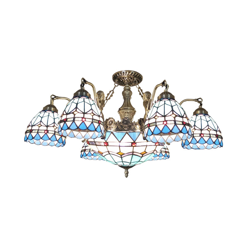Cone Ceiling Chandelier 7/9 Lights Stained Glass Tiffany Pendant Lamp in Blue Clearhalo 'Ceiling Lights' 'Chandeliers' 'Industrial' 'Middle Century Chandeliers' 'Tiffany Chandeliers' 'Tiffany close to ceiling' 'Tiffany' Lighting' 178213