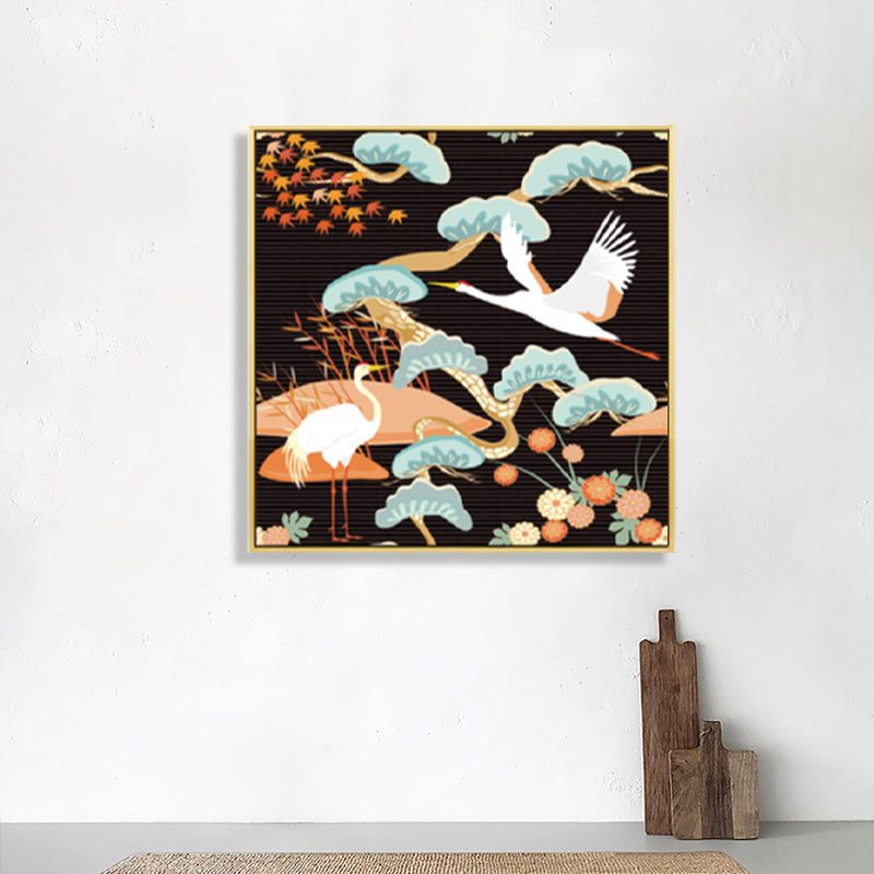 Chinese Red-Crowned Crane Canvas Print Dark Color Sitting Room Wall Art, Textured - Clearhalo - 'Arts' - 'Canvas Art' - 1782130