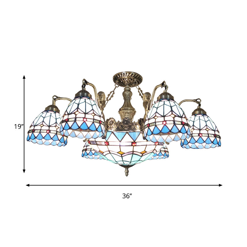 Cone Ceiling Chandelier 7/9 Lights Stained Glass Tiffany Pendant Lamp in Blue Clearhalo 'Ceiling Lights' 'Chandeliers' 'Industrial' 'Middle Century Chandeliers' 'Tiffany Chandeliers' 'Tiffany close to ceiling' 'Tiffany' Lighting' 178214