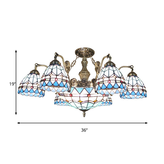 Cone Ceiling Chandelier 7/9 Lights Stained Glass Tiffany Pendant Lamp in Blue Clearhalo 'Ceiling Lights' 'Chandeliers' 'Industrial' 'Middle Century Chandeliers' 'Tiffany Chandeliers' 'Tiffany close to ceiling' 'Tiffany' Lighting' 178214