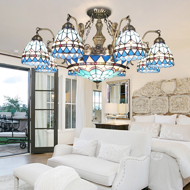 Cone Ceiling Chandelier 7/9 Lights Stained Glass Tiffany Pendant Lamp in Blue Clearhalo 'Ceiling Lights' 'Chandeliers' 'Industrial' 'Middle Century Chandeliers' 'Tiffany Chandeliers' 'Tiffany close to ceiling' 'Tiffany' Lighting' 178216