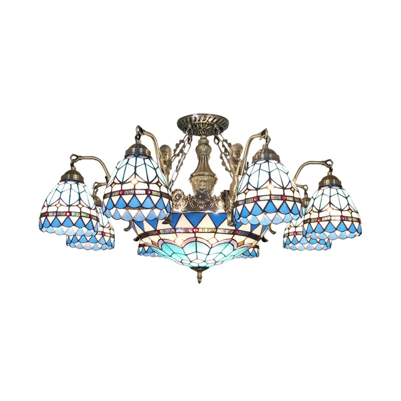Cone Ceiling Chandelier 7/9 Lights Stained Glass Tiffany Pendant Lamp in Blue Clearhalo 'Ceiling Lights' 'Chandeliers' 'Industrial' 'Middle Century Chandeliers' 'Tiffany Chandeliers' 'Tiffany close to ceiling' 'Tiffany' Lighting' 178217