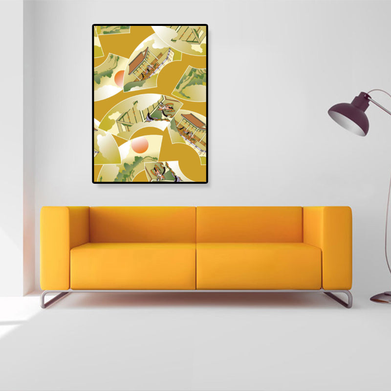 Illustration Chinese Ancient House Art Print Canvas Textured Soft Color Wall Decor Yellow Clearhalo 'Arts' 'Canvas Art' 1782179