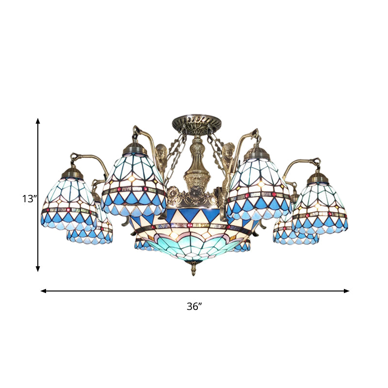 Cone Ceiling Chandelier 7/9 Lights Stained Glass Tiffany Pendant Lamp in Blue Clearhalo 'Ceiling Lights' 'Chandeliers' 'Industrial' 'Middle Century Chandeliers' 'Tiffany Chandeliers' 'Tiffany close to ceiling' 'Tiffany' Lighting' 178218