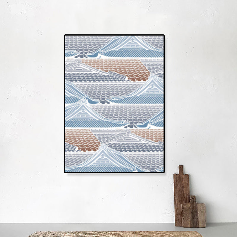 Illustration Chinese Ancient House Art Print Canvas Textured Soft Color Wall Decor Blue Clearhalo 'Arts' 'Canvas Art' 1782186