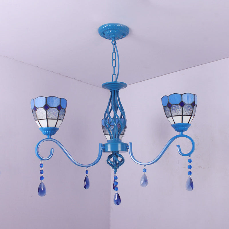 Mediterranean Dome Hanging Light with 12" Metal Chain Blue Glass 3 Lights Pendant Lamp Clearhalo 'Ceiling Lights' 'Chandeliers' 'Industrial' 'Middle Century Chandeliers' 'Tiffany Chandeliers' 'Tiffany close to ceiling' 'Tiffany' Lighting' 178221