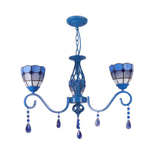 Mediterranean Dome Hanging Light with 12" Metal Chain Blue Glass 3 Lights Pendant Lamp Clearhalo 'Ceiling Lights' 'Chandeliers' 'Industrial' 'Middle Century Chandeliers' 'Tiffany Chandeliers' 'Tiffany close to ceiling' 'Tiffany' Lighting' 178222