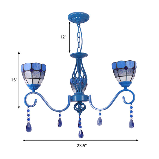 Mediterranean Dome Hanging Light with 12" Metal Chain Blue Glass 3 Lights Pendant Lamp Clearhalo 'Ceiling Lights' 'Chandeliers' 'Industrial' 'Middle Century Chandeliers' 'Tiffany Chandeliers' 'Tiffany close to ceiling' 'Tiffany' Lighting' 178223