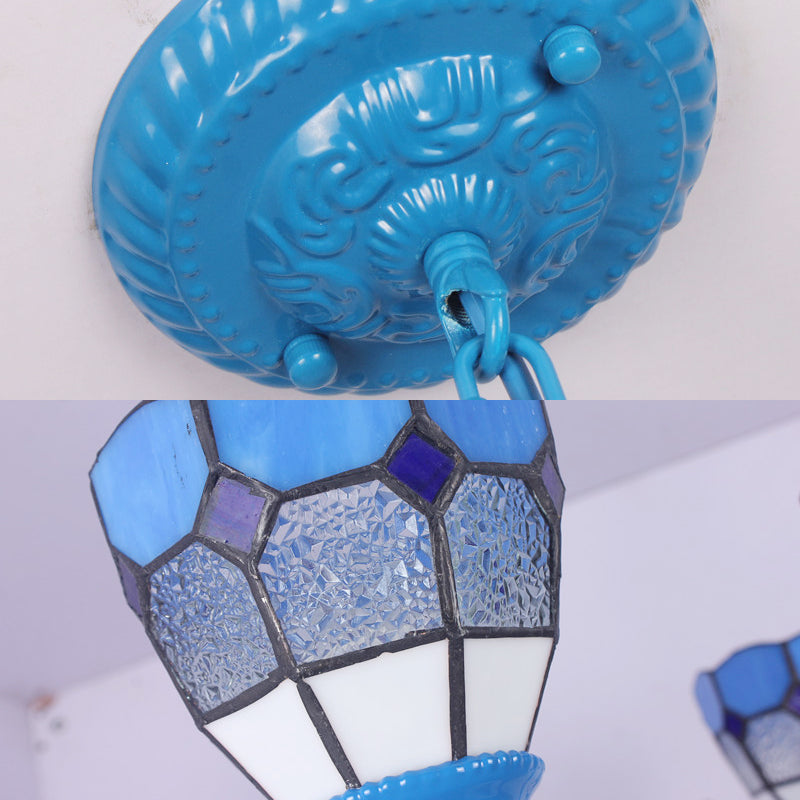 Mediterranean Dome Hanging Light with 12" Metal Chain Blue Glass 3 Lights Pendant Lamp Clearhalo 'Ceiling Lights' 'Chandeliers' 'Industrial' 'Middle Century Chandeliers' 'Tiffany Chandeliers' 'Tiffany close to ceiling' 'Tiffany' Lighting' 178224