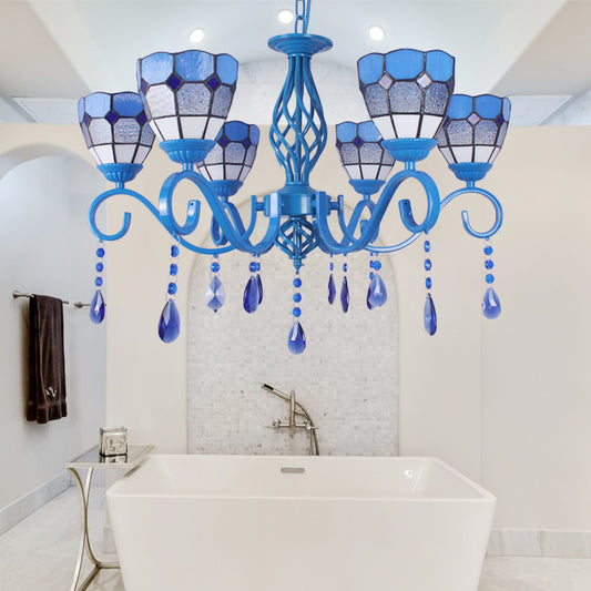 6/8 Lights Blue Pendant Lighting Nautical Tiffany Stained Glass Indoor Chandelier Light with 12" Chain 6 Blue Clearhalo 'Ceiling Lights' 'Chandeliers' 'Industrial' 'Middle Century Chandeliers' 'Tiffany Chandeliers' 'Tiffany close to ceiling' 'Tiffany' Lighting' 178225